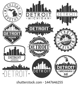Detroit USA Skyline Vector Art Stamps. Silhouette Emblematic Buildings.