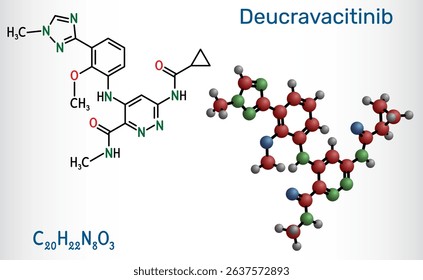 Deucravacitinib molecule. TYK2 inhibitor drug used for treatment of psoriasis and autoimmune diseases. Structural formula, molecule model