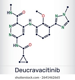 Deucravacitinib molecule. TYK2 inhibitor drug for psoriasis and autoimmune diseases. Skeletal formula. Vector illustration
