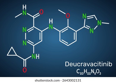 Deucravacitinib molecule. TYK2 inhibitor drug for psoriasis and autoimmune diseases. Skeletal formula, dark blue background. Vector 