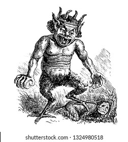 Deumus Or Deumo Inhabitants From Calicut. Devil Worshipped Under The Name Of Deumus Has A Crown, Four Horns And Crooked Tooth, Vintage Engraved Line Art Illustration. Infernal Dictionary 1863.