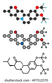 Deutetrabenazine Huntington disease drug molecule. Stylized 2D renderings and conventional skeletal formula.