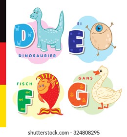 Deutsch alphabet. Dinosaur, egg, fish, goose. Vector letters and characters.