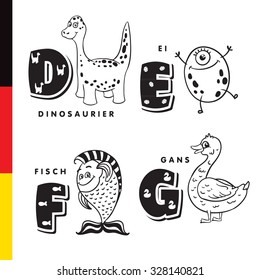 Deutsch alphabet. Dinosaur, egg, fish, goose. Vector letters and characters.