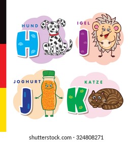 Deutsch alphabet. Dog, hedgehog, yogurt, cat. Vector letters and characters.