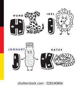 Deutsch alphabet. Dog, hedgehog, yogurt, cat. Vector letters and characters.