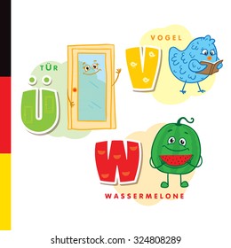 Deutsch alphabet. Door, bird, watermelon. Vector letters and characters.