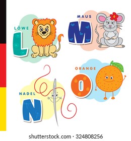 Deutsch alphabet. Lion, mouse, stylus, orange. Vector letters and characters.