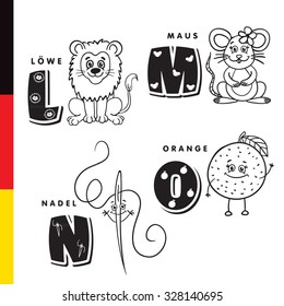 Deutsch alphabet. Lion, mouse, stylus, orange. Vector letters and characters.