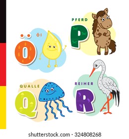 Deutsch alphabet. Olive oil, horse, jellyfish, heron. Vector letters and characters.