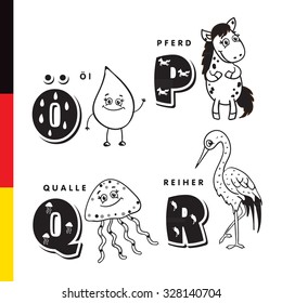 Deutsch alphabet. Olive oil, horse, jellyfish, heron. Vector letters and characters.