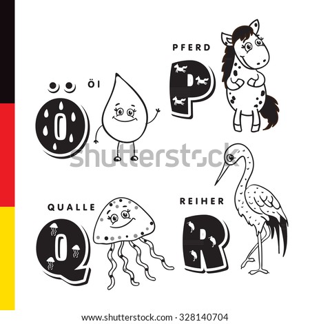 Deutsch alphabet. Olive oil, horse, jellyfish, heron. Vector letters and characters.