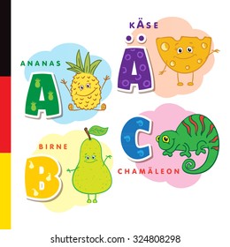 Deutsch alphabet. Pineapple, cheese, pear, chameleon. Vector letters and characters.