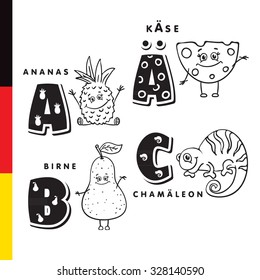 Deutsch alphabet. Pineapple, cheese, pear, chameleon. Vector letters and characters.