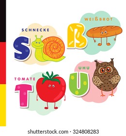 Deutsch alphabet. Snail, white bread, tomato, owl. Vector letters and characters.