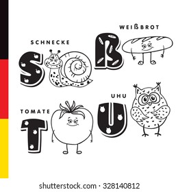 Deutsch alphabet. Snail, white bread, tomato, owl. Vector letters and characters.