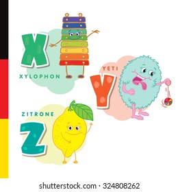 Deutsch alphabet. Xylophone, Yeti, lemon. Vector letters and characters.