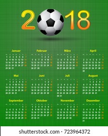 Deutsch calendar 2018 Soccer football theme, linen back soccer ball calendar for 2018 on green linen texture. Vector illustration