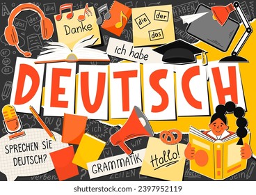 Deutsch. German language collage. Translation: "German, Do you speak German? thank you, grammar, the, he, she, it, me, I have, times, be, future, hello, verb, you". 