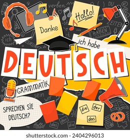 Deutsch. German language collage. Translation: "German, Do you speak German? thank you, grammar, the, he, she, it, me, I have, times, be, future, hello, verb, you". 