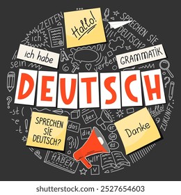 Deutsch. Colagem de língua alemã. Tradução: "Alemão, Você fala alemão? obrigado, gramática, o, ele, ela, ele, eu, eu tenho, vezes, ser, futuro, olá, verbo, você". 