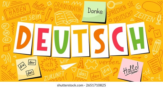 Deutsch. Colagem de língua alemã. Tradução: "Alemão, Você fala alemão? obrigado, gramática, o, ele, ela, ele, eu, eu tenho, vezes, ser, futuro, olá, verbo, você". 