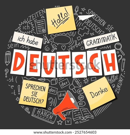Deutsch. German language collage. Translation: "German, Do you speak German? thank you, grammar, the, he, she, it, me, I have, times, be, future, hello, verb, you". 