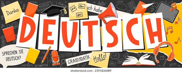 Deutsch. German language concept. Translation: "German, Do you speak German? thank you, grammar, the, he, she, it, me, I have, times, be, future, hello, verb, you". 