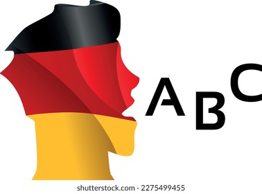 Deutsch head of a man pronounces the alphabet. Icon of the School of Foreign Languages in Germany. Vector template for educational institutions.