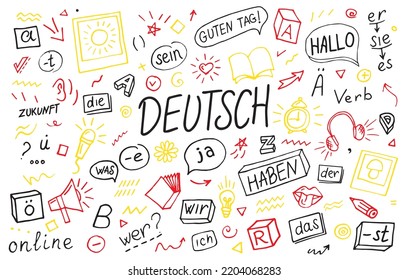 Deutsch Dolmetschsprache online. Deutsches Sprachlernkonzept, Vektorgrafik. Doodle des Fremdsprachenunterrichts für die Online-Ausbildung zu Hause.