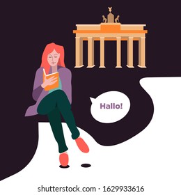 Deutsch language courses in Berlin. Speak and travel easy. Europian country education programm. Girl study foreign language. Language school banner.