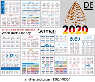 Deutsch set of pocket calendars for 2020  . Week starts Monday. New year. Color simple design. Vector