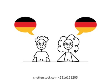 deutsch speakers, cartoon boy and girl with speech bubbles in German flag colors, learning german language vector illustration