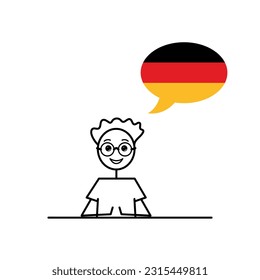 deutsch speaking cartoon boy with speech bubble in flag of Germany colors, male character learning german language vector illustration, black line sketch