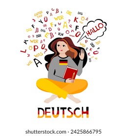 Deutsch. Traducción: "Alemán".  Ilustración para el libro, diccionario, vocabulario, hablar, leer, escribir, habilidades de escucha. Mujer joven estudiante que aprende alemán. Vector educativo 