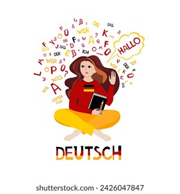 Deutsch. Übersetzung: "Deutsch".  Illustration für Buch, Wörterbuch, Vokabular, Sprechen, Lesen, Schreiben, Hörverständnis. Junge Studentin, Mädchen, lernt deutsche Sprache. Bildungsvektor 