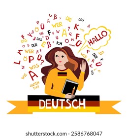 Deutsch. Translation: "German".  Illustration for book, dictionary, vocabulary, speaking, reading, writing, listening skills. Young woman girl student learning German language. Education vector 