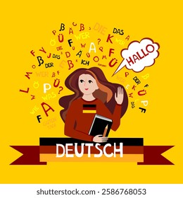 Deutsch. Translation: "German".  Illustration for book, dictionary, vocabulary, speaking, reading, writing, listening skills. Young woman girl student learning German language. Education vector 