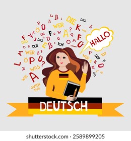 Deutsch. Translation: "German".  Illustration for book, dictionary, vocabulary, speaking, reading, writing, listening skills. Young woman girl student learning German language. Education vector 