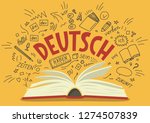 Deutsch. Translation: "German". German language hand drawn doodles and lettering. Language education illustration.