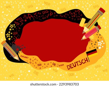 Deutsch. Translation: "German". German language hand drawn doodles and lettering. A German background with a large frame for your message.  Vector illustration for education, foreign language study