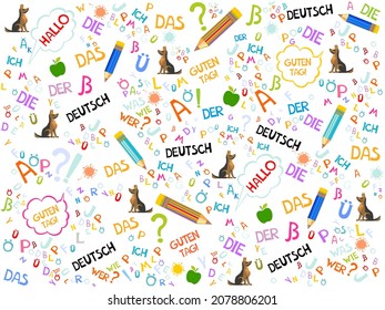 Deutsch. Translation: "German". German language pattern. Education concept. German language hand drawn doodles and lettering. Vector illustration for education, foreign language study. 