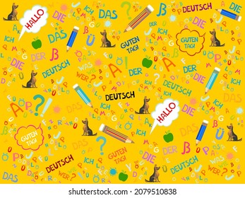 Deutsch. Translation: "German". German language pattern. Education concept. German language hand drawn doodles and lettering. Vector illustration for education, foreign language study training concept