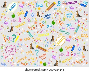 Deutsch. Translation: "German". German language pattern. Education concept. German language hand drawn doodles and lettering. Vector illustration for education, foreign language study. 