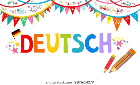 Deutsch. Übersetzung: "Deutsch". Deutsch lernen.  Deutsch für Kinder. Online-Bildungskonzept. Deutschsprachiger Tag. Illustration für Bildung, Fremdsprachenlernen. Wörterbuch. Vektorgrafik