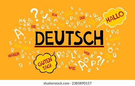 Deutsch. Translation: "German". Learning German. Education concept. German language hand drawn doodles and lettering. Vector Illustration for book, dictionary, vocabulary, speaking, reading, writing. 