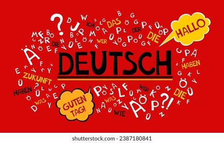 Deutsch. Translation: "German". Learning German. Education concept. German language hand drawn doodles and lettering. Illustration for book, dictionary, vocabulary, speaking, reading, writing. 