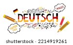 Deutsch. Translation: "German". Learning German Online education concept. German language hand drawn doodles and lettering. Language education Vector illustration for education, foreign language study