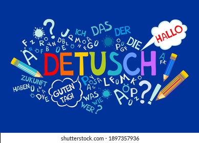 Deutsch. Translation: "German". Learning German. Online education concept. German language hand drawn doodles and lettering. Language education illustration. Vector