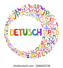 Deutsch. Translation: "German". Learning German. Online education concept. German language hand drawn doodles and lettering. Language education illustration.